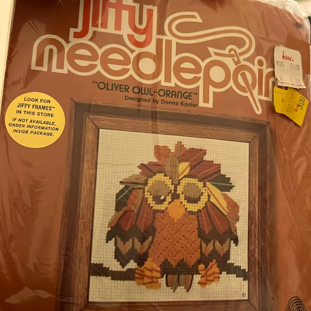 Vintage 1978!Jiffy Needlepoint kit “Oliver Owl - Orange”